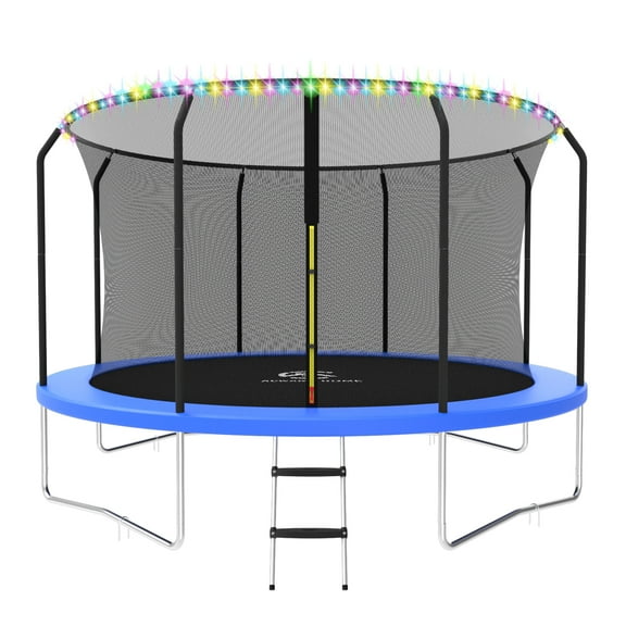 ACWARM HOME 2025 NewTrampoline 14FT Premium Blue Trampoline with Basketball Hoop and LED Lights Recreational Trampolines for Kids and Adults with Net and Ladder