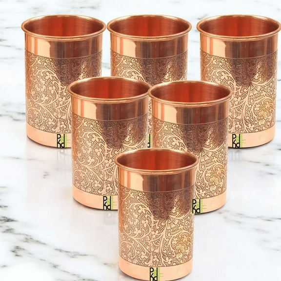 Peekdee Pure Copper Drinking Flower Glass Set of 6 Handcrafted Yoga Benefits 300 ml Water Tumbler For Gifting