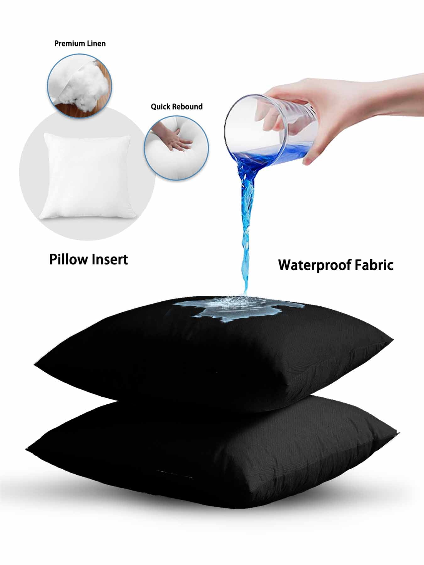 Waterproof Outdoor Throw Pillows with Inserts 18"x18" Set of 2, Black Soft Decorative Pillowcases for Couch Bedroom, Pure Black Pillow Covers for Sofa Living Room