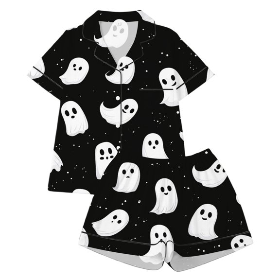 SJLDQY Halloween Girls Pajama Sets Ghost Print Short Sleeve Shirts and Shorts 2 Piece Sets Casual Hallowmas Sleepwear Button Down Pjs for Girls