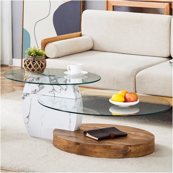 JERFIT Modern Double Layer Oval Coffee Table, Tempered Glass Top with Wood & Marble Pattern Base for Living Room