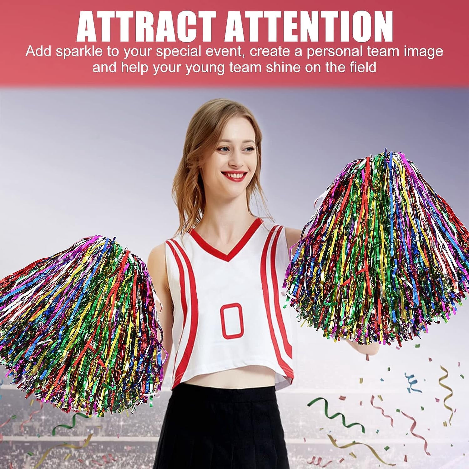 LINLIN Pack of 16 cheerleader pompoms, cheerleading pom poms with handles, hand flowers metal foil cheers ball, cheer poms, cheerleading pompoms for sports events, ball games, dances, carnival parties