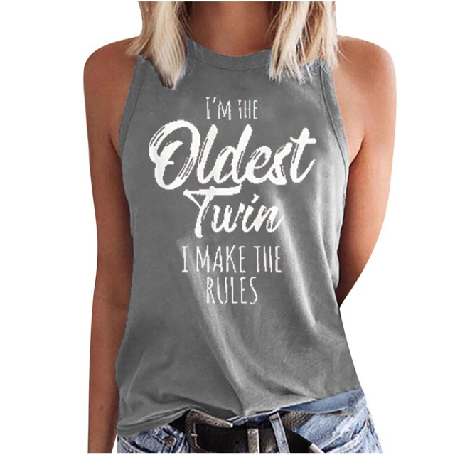Camiseta sin mangas de primavera y otoño con cuello redondo suelto informal estampado para mujer Fridja qr118