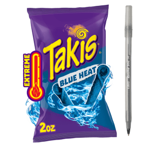 Takis Blue Heat 2 oz Value Size Bag, Hot Chili Pepper Flavored Extreme Spicy Rolled Tortilla Chips with pan