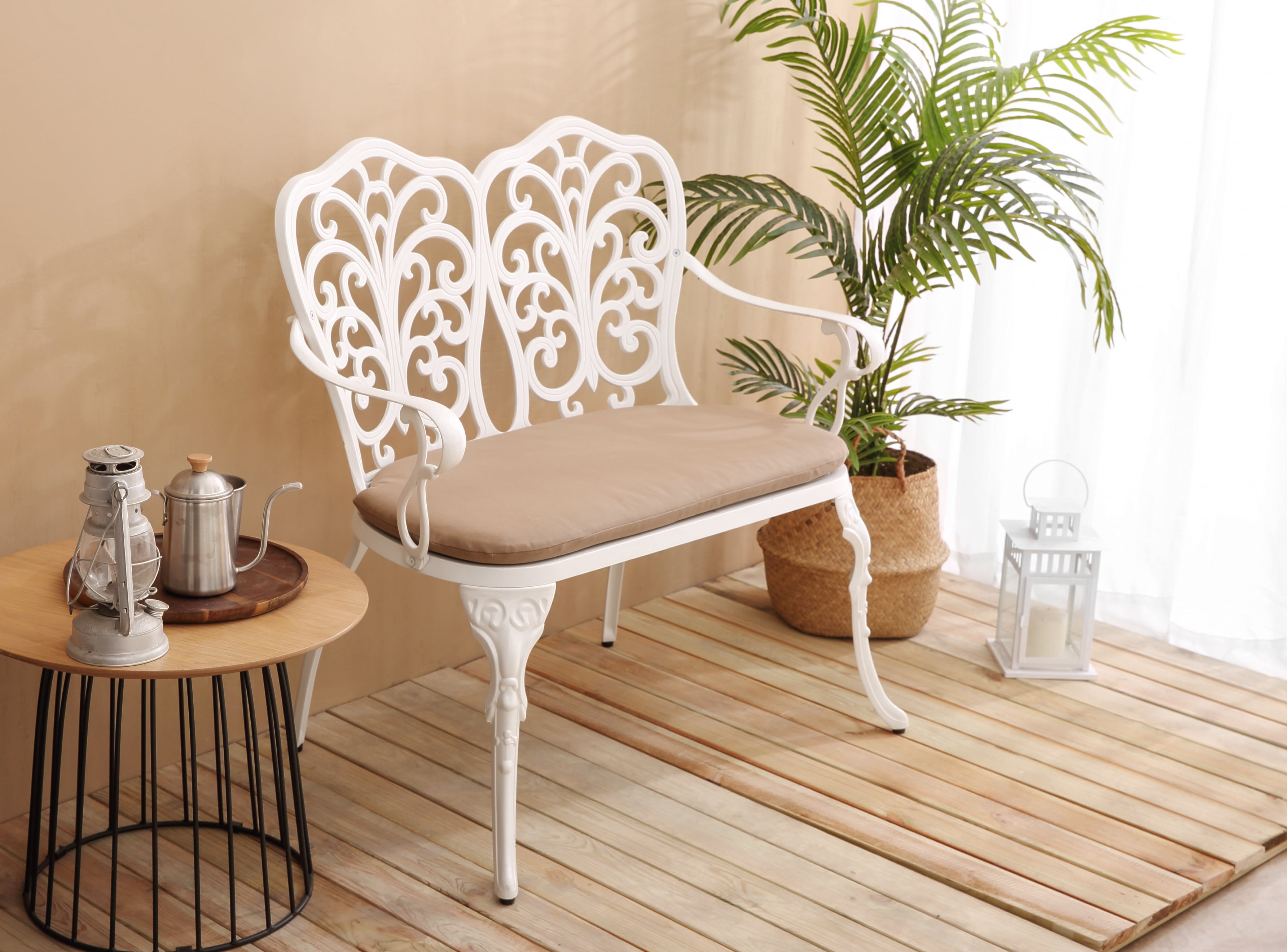 Cast Aluminum Outdoor Bench with Floral Rose Backrest and Cushion, Weather-Resistant Park Bench for Patio and Garden, White