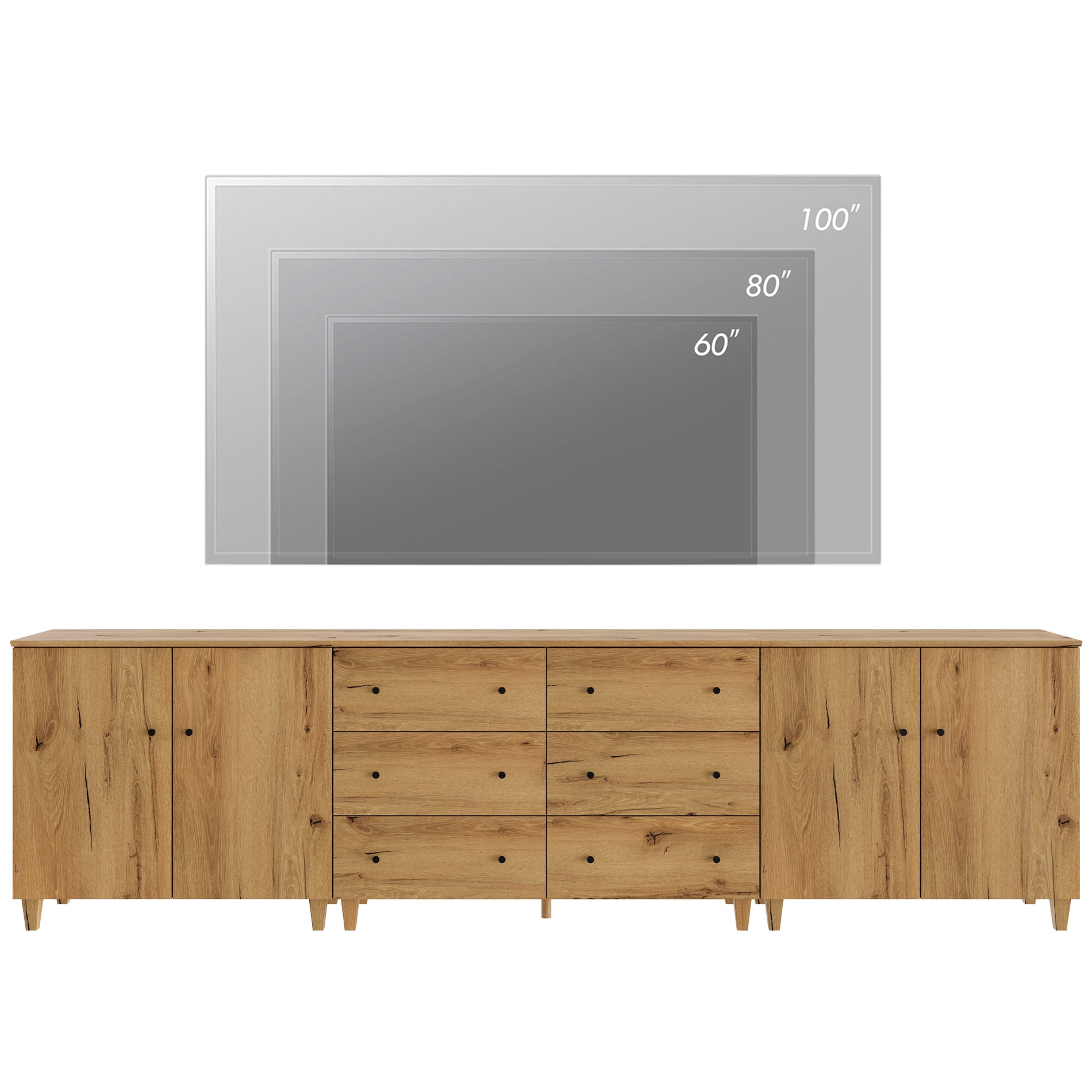 WAMPAT Wide TV Stand for 110+ Inches TVs, 3-in-1 Modern Wooden Media Console with 6 Spacious Drawers and 2 Storage Cabinets for Living Room, Oak Brown