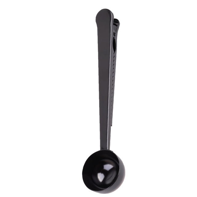 Cuchara medidora de café de acero inoxidable 2 en 1 con clip de sellado, cuchara medidora de café con clips, cuchara multiusos (negra)