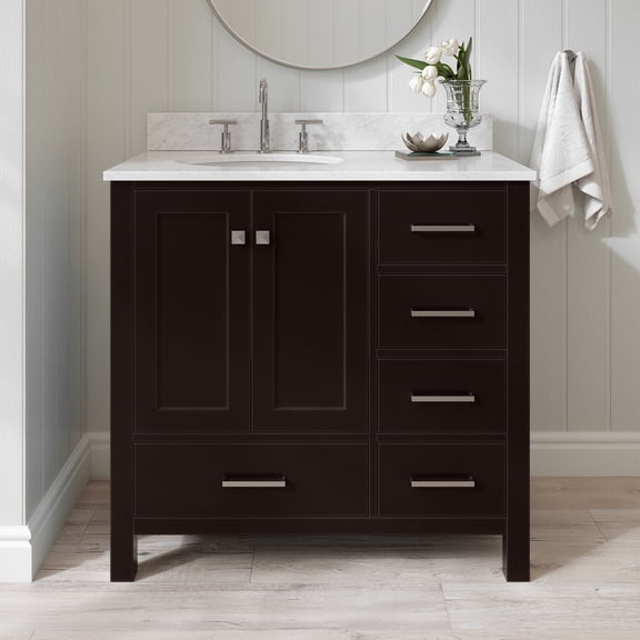Ariel Cambridge 37 In. Left Offset Oval Single Sink Vanity With Carrara White Marble 0.75 In Countertop In Espresso