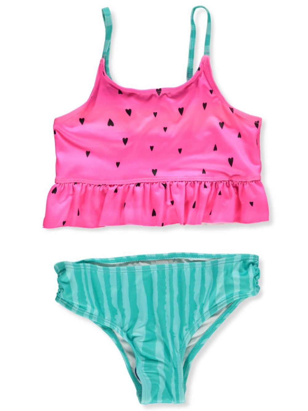 Pink Platinum Girls 2-Piece Watermelon Ruffle Crop Top Swimsuit, Sizes ...