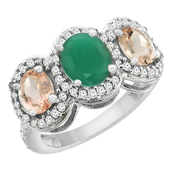 14K White Gold Natural Cabochon Emerald & Morganite 3-Stone Ring Oval Diamond Accent, size 5.5