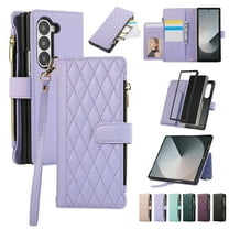 Dteck Crossbody Wallet Case for Samsung Galaxy Z Fold 5,Z Fold 5 Wallet Case with 6-Card Holder & Zipper Pocket Handbag Purse Magnetic Buckle Soft PU Leather Phone Case for Samsung Z Fold5,Purple