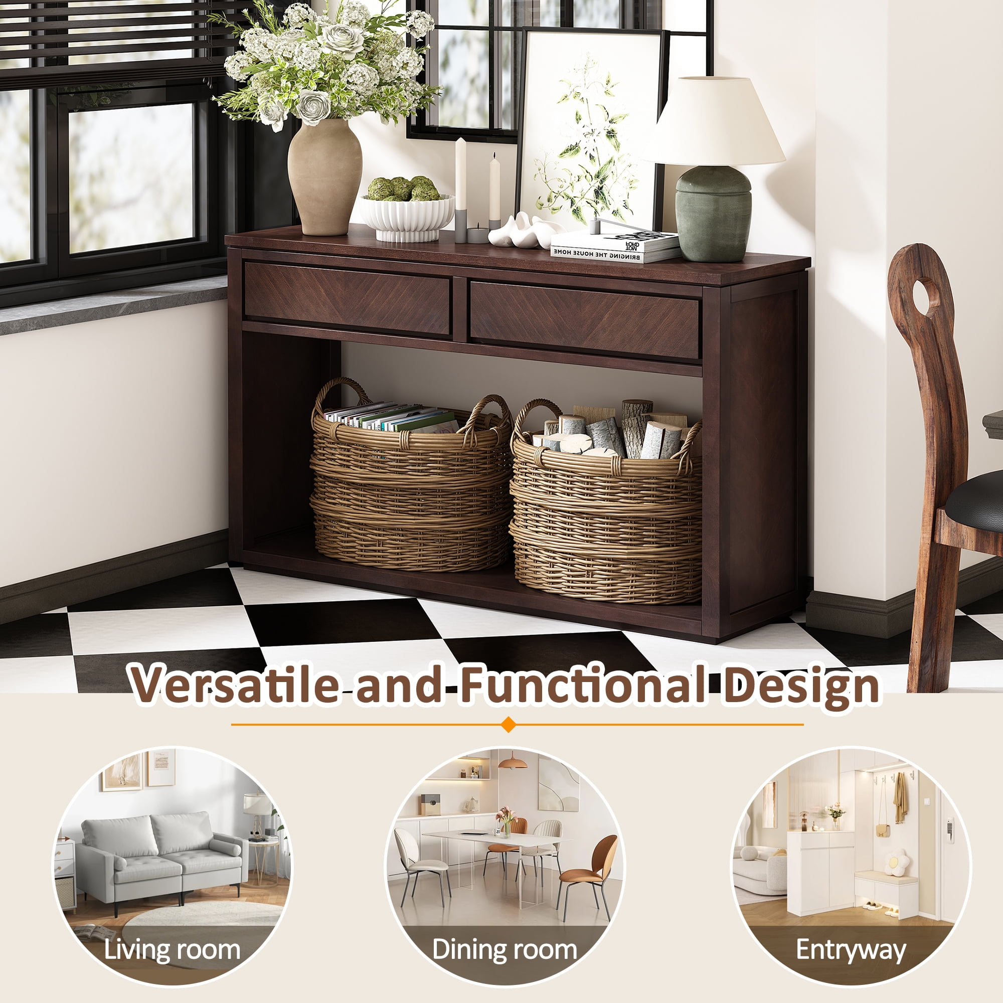EUROCO 55" Long Console Table with 2 Drawers,Wooden Entryway Table with Open Storage Shelf, Sofa Table Behind Couch Foyer Tables for Living Room Hallway Entrance,Espresso