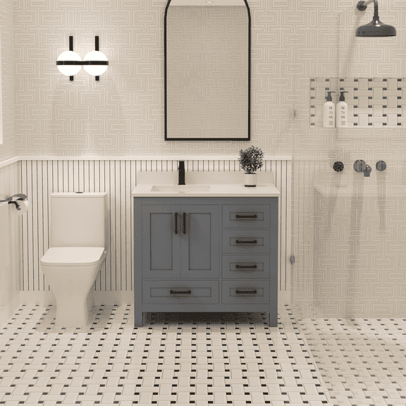 Ayna Decors Rooh 36 in Charcoal Grey Bathroom Vanity Set with White Quartz Countertop and Brass Faucet | Pop-Up Drain and P-Trap Included | Black Hardware