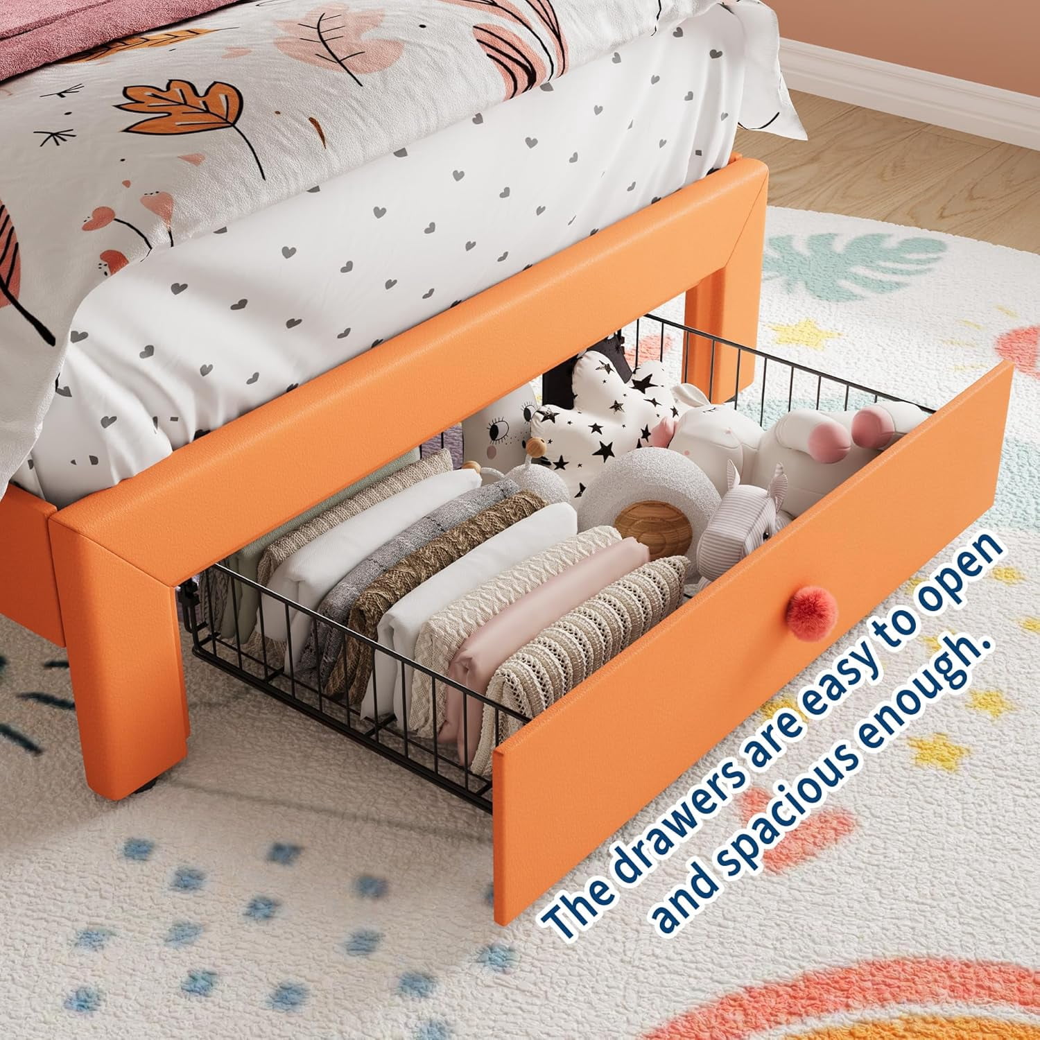 Twin Size Bed Frame with LED Lights & Velvet Upholstered Girls Platform Bed with Storage Drawers,No Box Spring Needed,Easy Assembly, Noise Free,Orange