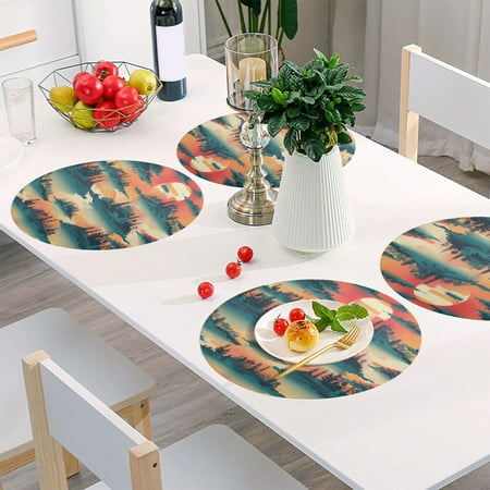 

Round Grid Placemat One Sizex6 Round Placemat PVC Plate Mat，15.4 Inch Non-Slip and Heat Resistant Table Placemat Dining Room Placemat Cartoon Sunsets and Trees