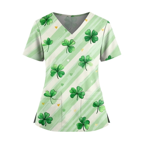 Women's Holiday Scrub Top - Cute St. Patrick's Day Shamrock Print V-Neck Short Sleeve Nurse Uniform Green XXL