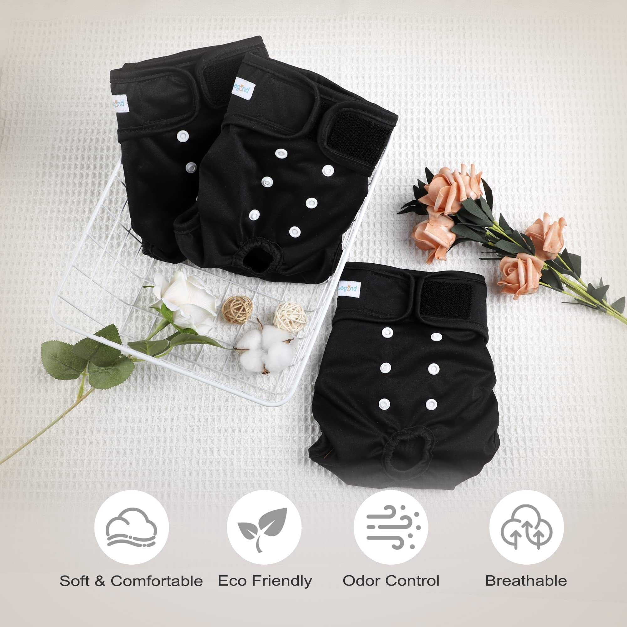 Paw Legend Reusable Female Dog Diapers Pack of 3, No Leak Doggie Diapers for Heat Cycle, Black, Medium