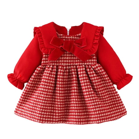 

Girls Fashion Dresses Toddler Baby Girls Long Sleeve Winter New Year Dress First Year Dress Red Plaid Princess Dress Warm