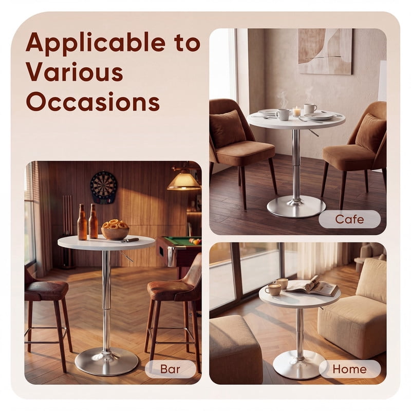 Lacoo 2 Pcs 23.6" Adjustable Round Bistro Pub Table, Swivel Pub Table with Metal Base for Home Bar, Kitchen, Dining Room, White/Sliver