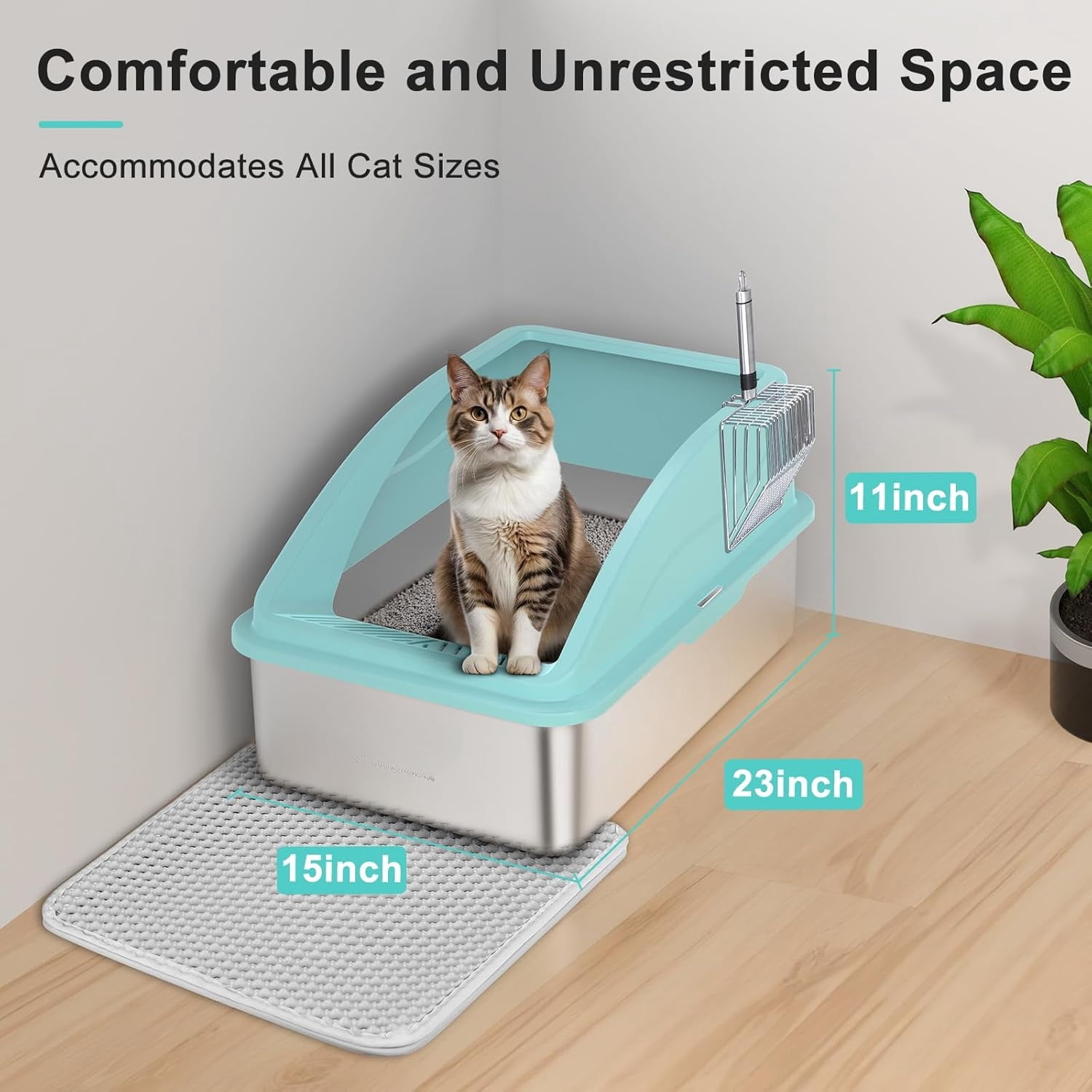 High Sided, Anti-Urine Leakage Stainless Steel Litter Box, XL Enclosed Cat Litter Boxes with Lid for Big Cats, Non-Stick Bottom, Includes Litter Mat & Metal Scoop