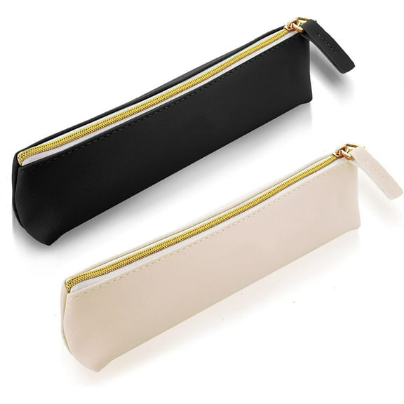 Tutuviw 2 Pack Black and Beige Pencil Case, Leather Pencil Pouch, Slim Stationery Zipper Markers Organizer Pouch, Pen Storage Bag, Portable Makeup Cosmetic Bag for Adults