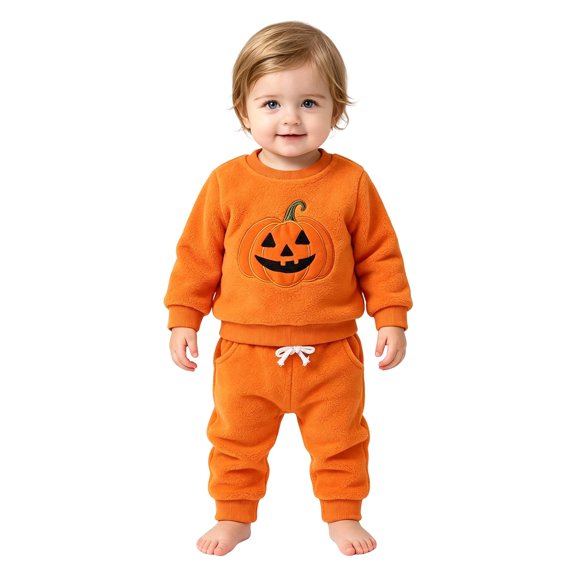 Ruyang Baby Boy Girl Clothes 2 Piece Fleece Set Pumpkin Embroidery Crewneck Pullover Joggers Fall Winter Warm Outfits