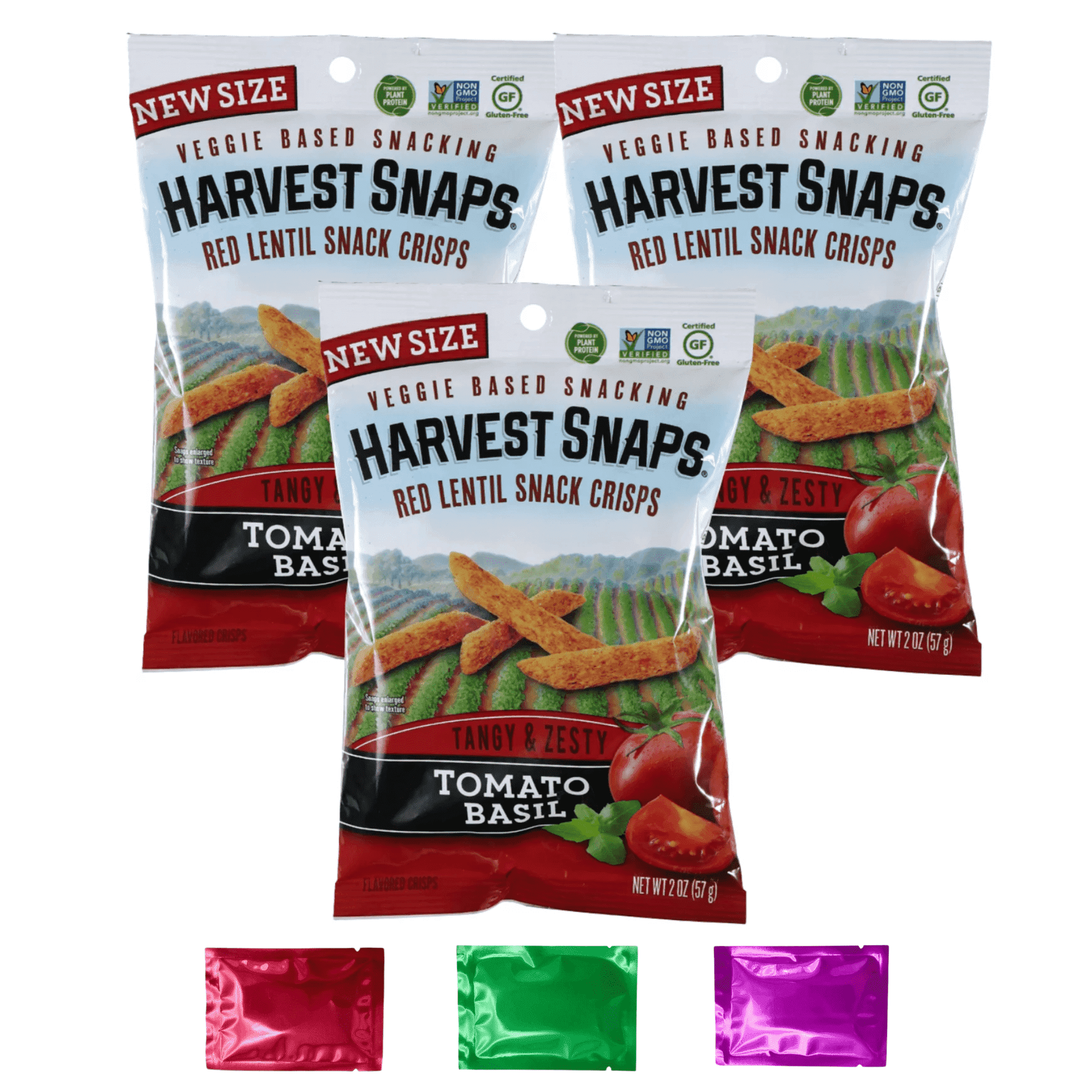 Harvest Snaps Red Lentil Vegetable Snack Crisps, Tangy, and Zesty Tomato Basil Flavor, Deliciously Baked and Crunchy Snacks with Plant Protein and Fiber 2-oz. Pack of 3
