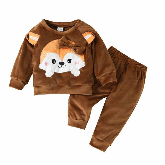 Ropa Para Niñas Pequeñas, Conjunto Para Niños Pequeños, Otoño Invierno, Bordado, Manga Larga, Cuello Redondo, Lazo, Top, Pantalones, Conjunto De Dos Piezas, Marrón Odeerbi LM103-6673
