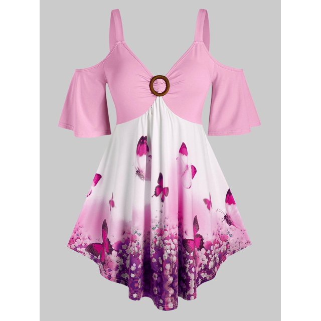 Talla grande mariposa floral abierta camiseta Rosegal Camisetas tallas grandes