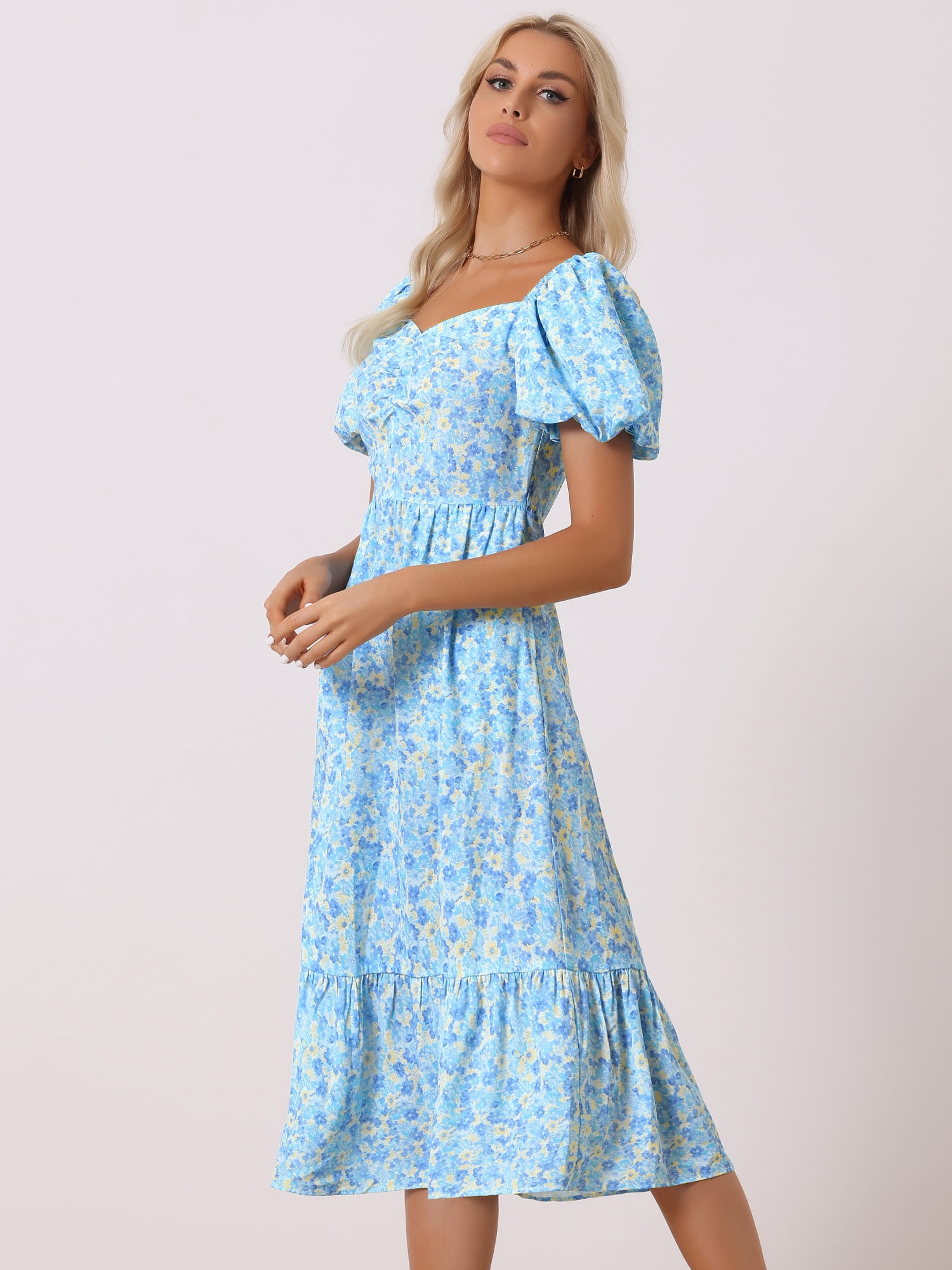 DARING DIVA  Boho Floral Print Midi Puff A-Line Dress XL Blue