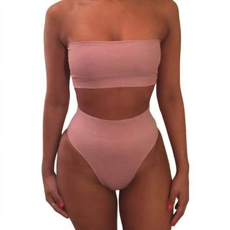 FNNMNNR Womens Bandeau High Waisted Sexy High Cut Two Pieces Bikini Swimwear Bathing Suit Solid Color Split Swimwear