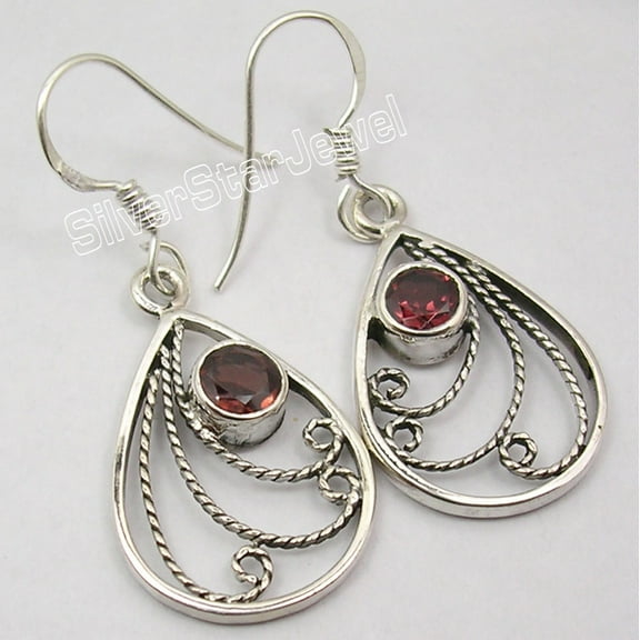 SilverStarJewel Sterling Silver Garnet Earrings 1.5" Women's Art Jewellery