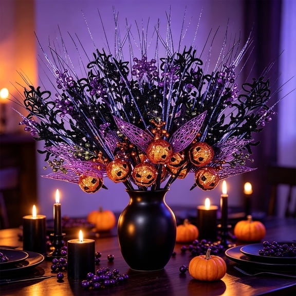 Cififendec Halloween Glitter Pumpkin Leaf Picks, 19", Sparkly Artificial Pumpkin Floral Stems for Vase Filler Table Centerpiece Tabletop Decor