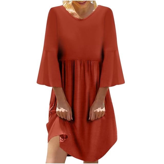 QIPOPIQ Robes pour Femmes Robe Midi à Étages Manches Courtes Robes Décontractées Coton Lin Robe d'Été Ample Col Rond Robe Unie Offres 2023