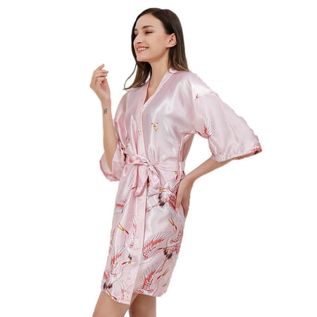 

HEVIRGO Summer Women Ice Silk Fabric Lady Nightgown Crane Flower Print Short Bathrobe Pink L