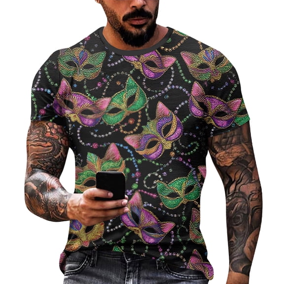 Resicozy Mardi Gras Shirt for Men Funny Print Pullovers Fashion Casual Crewneck Short Sleeve Shirts Purple 3XL