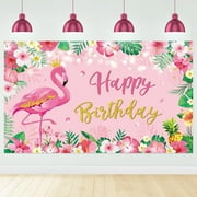 Flamingo Birthday Party Decoration Backdrop Summer Tropical Hawaiian Background Flower Flamingo Photography for Luau Aloha Happy Birthday Party Photo Props Booth Supplies