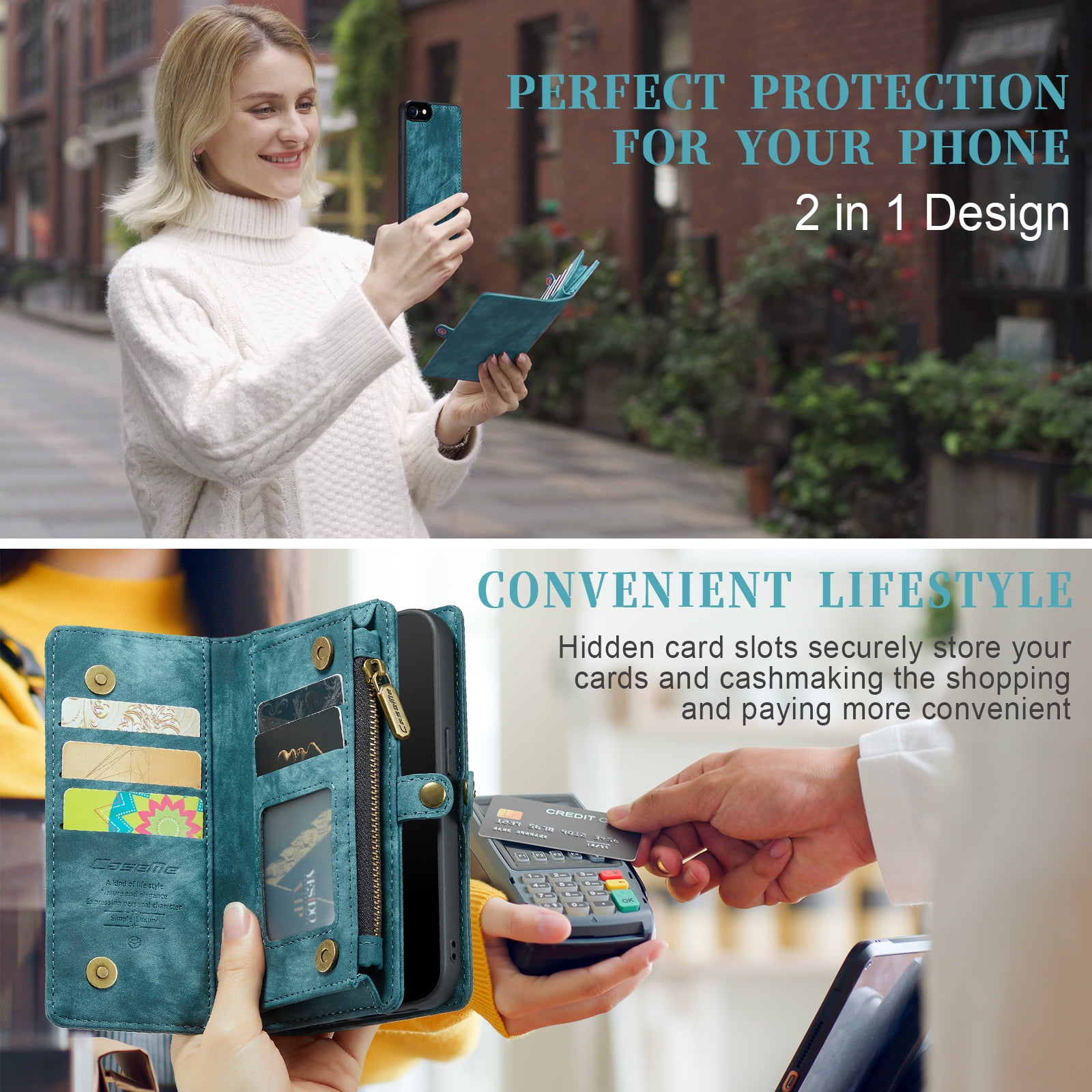 Feishell Durable 2-In-1 Magnetic Detachable Wallet Case for iPhone 7/8/SE 2020/SE 2022,for Women Men,Premium PU Leather Zipper Pocket Flip Multi Card Slots Purse Phone Case with Wrist Strap,Green