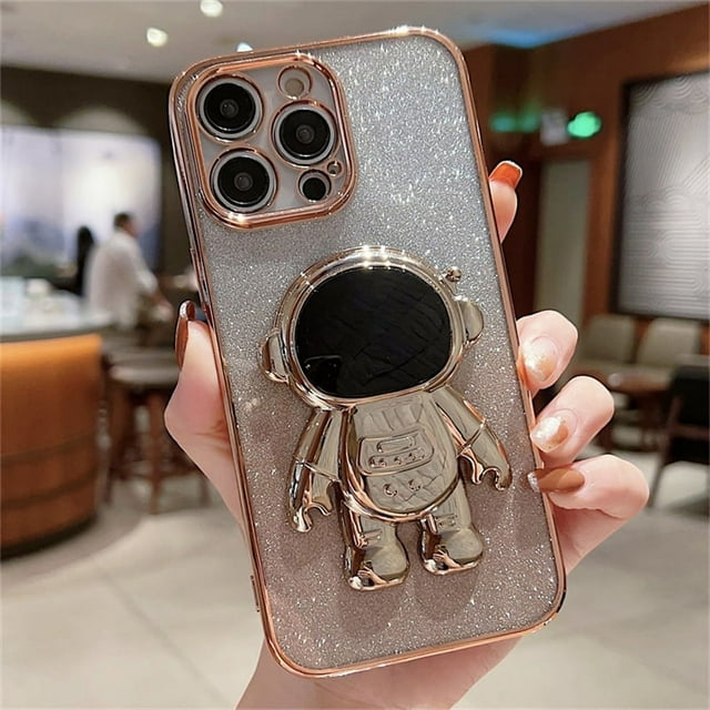 Gradual Glittering Pink Phone Case With Cartoon Astronaut Holder For,iPhone14/14Plus/14Pro/14ProMax ,iPhone13/13Mini/13Pro/13ProMax ,iPhone12/12Mini/12Pro/12ProMax, ,iPhone11/11Pro/11Pro Max ,iPhoneX