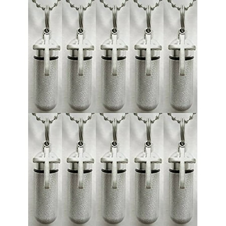 Laser Engraved Crosses - Lovely Set of 10 Brushed Silver SIMPLE CROSS ANOINTING OIL HOLDERS - Laser ENGRAVED with Hearts - Includes 10 Velvet Pouches, 10 Ball-Chains and Funnel