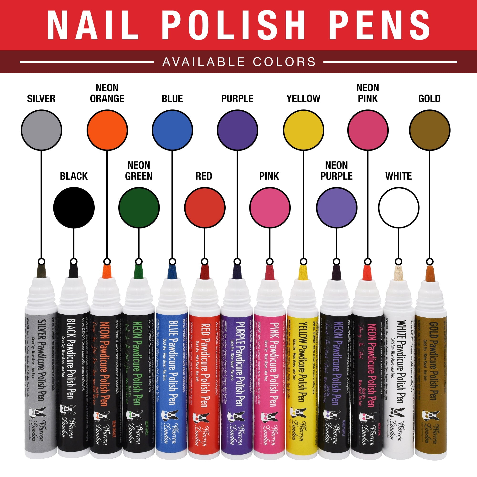 Warren London Pawdicure Dog Nail Polish Pens | Made in USA | Quick Dry, Low Odor, Non-Toxic | Dries in Under 45 Seconds | 13 Colors