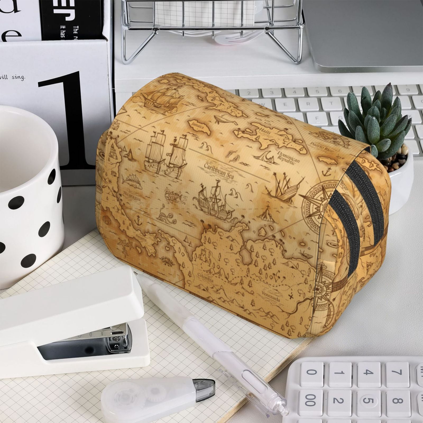 Rateoe Old Vintage Map Of Sea Pattern Double Clamshell Pen Case, Storage Organizer with Two Zipper Compartments– Holds Up to 50 Pencils & Pens