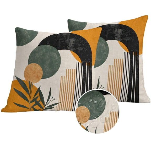 Boho Middle Century Outdoor Pillow Covers 24x24 Set of 2,Waterproof Patio Throw Pillowcase Protectors,Abstract Orange Geometric Leaves Decorative Pillow Shams Cushion Covers for Seat Bed Couch Sofa