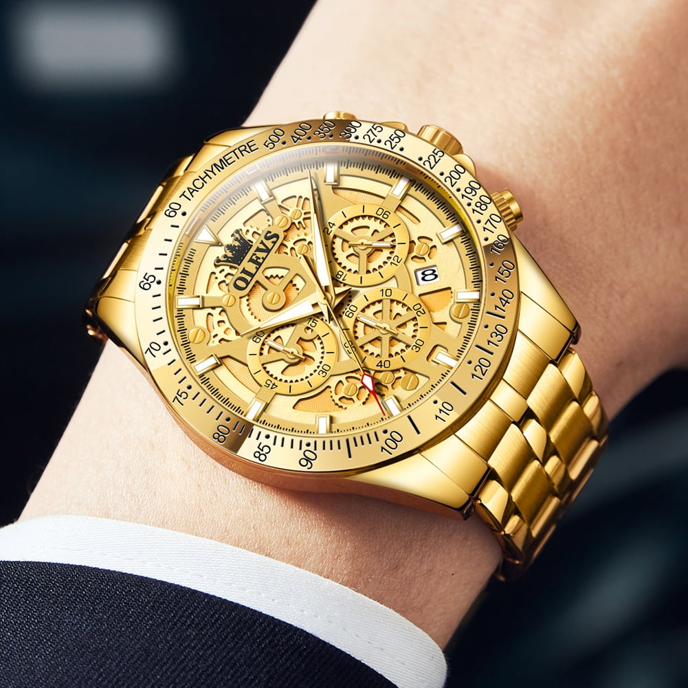 OLEVS Watches for Men Waterproof Luxury Dress Analog Quartz Chronograph Fashion Gold Plated Stainless Steel Luminous Date Classic Mens Wrist Watches Reloj Para Hombre Gold/White/Black Dial
