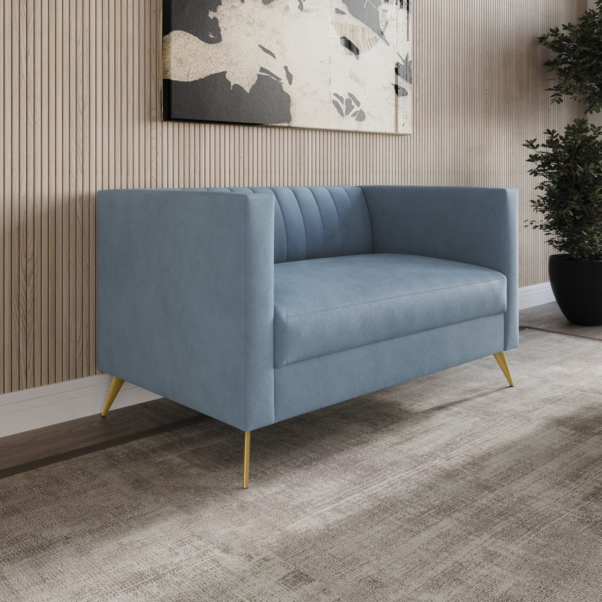 Home Design Weiss Velvet Square Arm Loveseat with Channel-Tufted Back and Gold Metal Legs, Modern Upholstered Living Room Seating, Blue