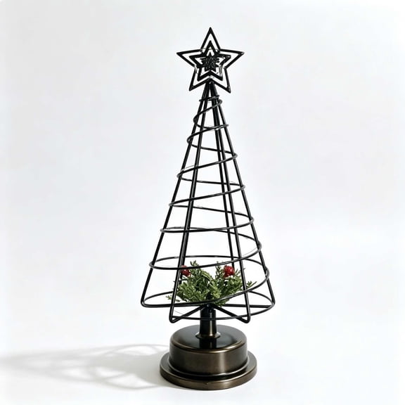 HOARBOEG Tall Black Wrought Iron Christmas Tree with LED Lights, Metal Tabletop Tree with Warm White Lights, Gift