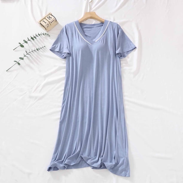 HongQid Womens Nightgowns Short Sleeve Sleepwear Crew Neck Loungewear Color Block Nightshirt Summer Dresses