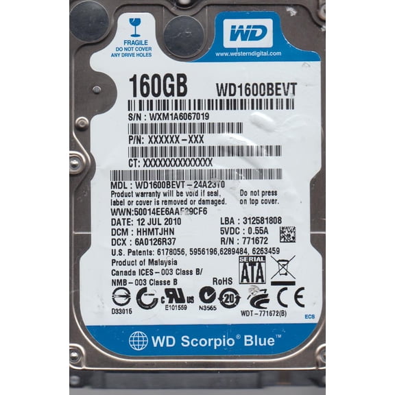 WD1600BEVT-24A23T0, DCM HHMTJHN, Western Digital 160GB SATA 2.5 Hard Drive