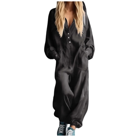 Womens Jumpsuit Casual Denim Jumpsuit Large Pockets Long Sleeves Solid Color Black L