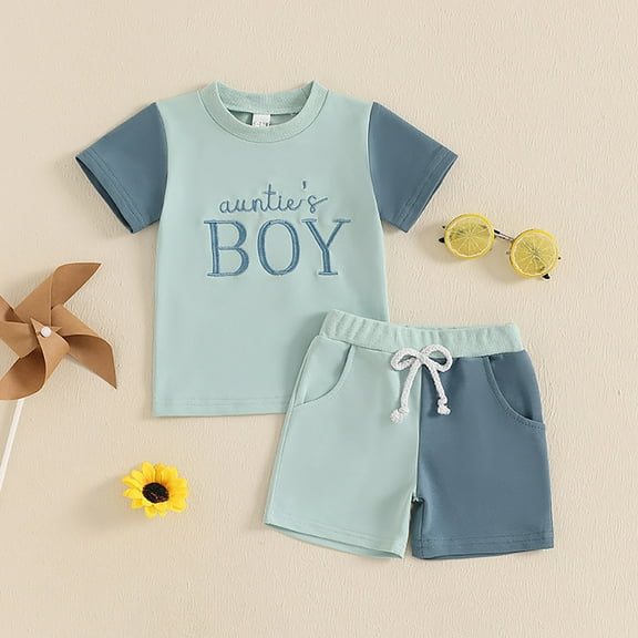 Boys Outfits Set for Toddler Baby Boy Girl Summer Clothes Short Sleeve Auntie's /Auntie's Boy Shirt Shorts Set Color Block Outfit Cozy casual clothes Set Blue 12M(6-12 Months)